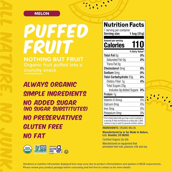 Made In Nature Organic Puffed Fruit, Melon, 1.1 Ounce Bag (Pack of 6) - Vegan Snack, Non-GMO, Gluten Free