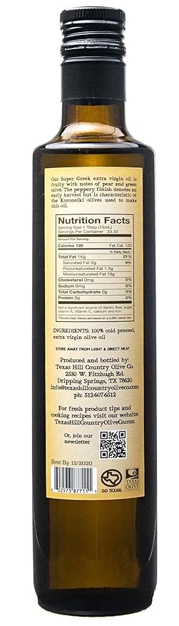 Texas Hill Country Olive Co Super Greek Extra Virgin Olive Oil - Cold Pressed EVOO Gourmet Olive Oil - Rich & Fruity - Perfect for Finishing & Dressing - Award Winning & Made in Texas (16.9 Fl Oz)