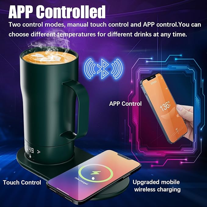 Smart Self Heating Coffee Mug 18 Oz Temperature Control Heated Coffee Mug App Controlled Warmer Mug 5-10 Hour LED Display Keep Coffee Hot All Day Fast Wireless Charger Base Jade Green