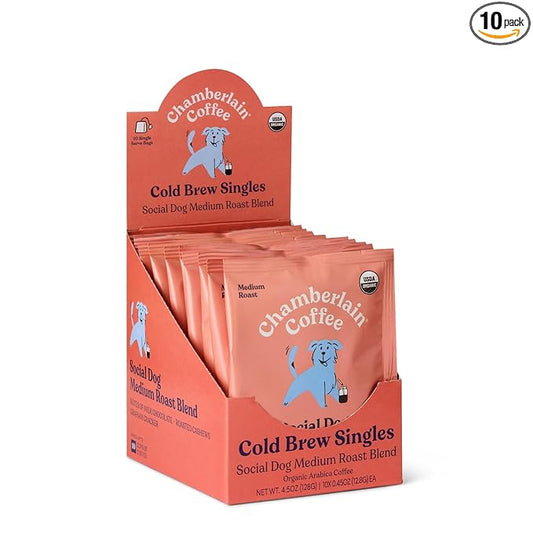 Chamberlain Coffee Social Dog Blend Cold Brew Singles - Full Bodied, Medium Roast Organic Coffee Single Serve Bags with Notes of Sweet Milk Chocolate, Roasted Peanuts, Velvety Brown Sugar & Graham