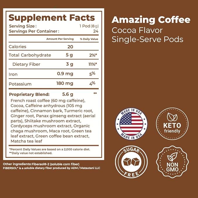 Superfoods Company Amazing Coffee- 12 Natural Superfoods - French Roast - Weight Loss & Brain Boost - Gluten Free, Non-GMO, Sugar Free, Vegan & Keto Friendly [24 Pods] [Cocoa]