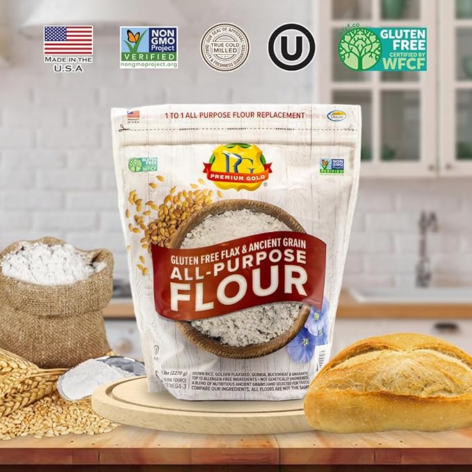 Premium Gold Gluten Free All Purpose Flour, 5 Pound, Gluten-Free, Non-GMO, Kosher, High In Fiber, Source of Omega-3, Plant-Based Protein, No Preservatives, No Additives, Ideal for Beverages, Baking & Topping, Baking Flour Substitute