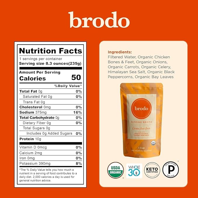 Brodo Bone Broth Bundle with Variety & Classic Packs, Chicken & Ginger, and Spicy Chicken Broths, 18 x 8.3 oz and 4 x 25 oz (30 Cups Total)