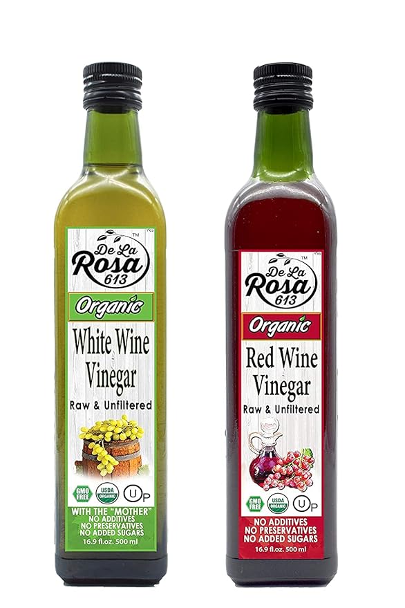 De La Rosa Red & White Wine Vinegar, 100% Pure, Raw & Unfiltered, Vegan, Kosher, Non-GMO & Gluten Free, Great for Salad Dressings, Marinades & More 16.9 Oz (Pack of 2)