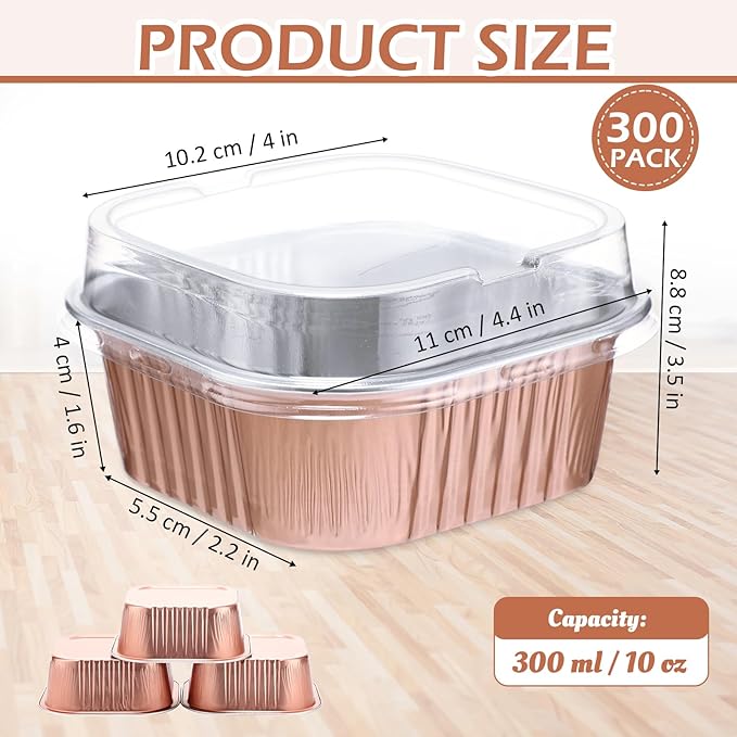 Aoriher 300 Pieces 10 oz Mini Cake Pans with Lids, Aluminum Foil Baking Cups, Square Disposable Cupcake Cups Baking Tins for Wedding Birthday Party Supplies(Champagne)