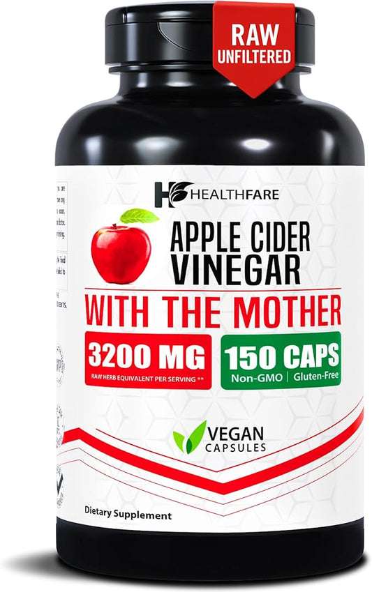 Apple Cider Vinegar Capsules with the Mother | 3200mg Raw, Organic & Unfiltered ACV | 150 Vegan Pills | Maximum Strength Supplement for Detox & Digestion | Non-GMO, Gluten-Free, Made in USA