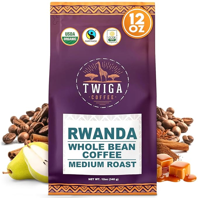 Twiga Coffee Rwandan Whole Bean ??Organic Medium Roast Arabica with Caramel, Cinnamon & Citrus Flavor Notes ??Single Origin Fresh Roasted Rwandan Coffee for a Smooth, Bold Cup ??12 oz