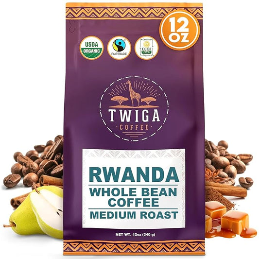 Twiga Coffee Rwandan Whole Bean ??Organic Medium Roast Arabica with Caramel, Cinnamon & Citrus