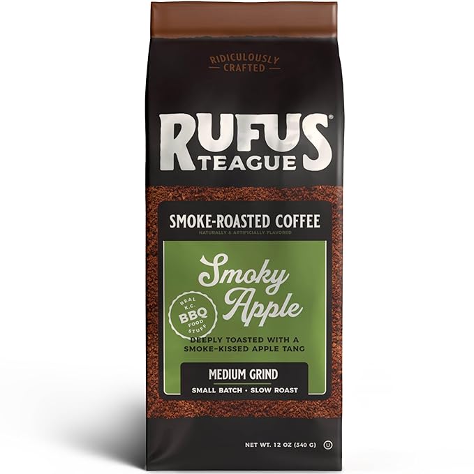 Rufus Teague Smoky Apple Flavored Ground Coffee, Gourmet Fresh Dark Roasted Coffee, Smoke Roasted Java, Medium Grind, 12 oz Bag