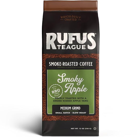 Rufus Teague Smoky Apple Flavored Ground Coffee, Gourmet Fresh Dark Roasted Coffee, Smoke Roasted Java, Medium Grind, 12 oz Bag