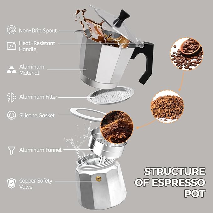 Aluminum 3 Cup 150ml Moka Pot Express Coffee Maker Stovetop Espresso Percolator Coffeemaker Italian Classic Style Brewing Greca Cafe Mocha Machine for Cafeteras Lover Camping Travel and Home Use 5oz
