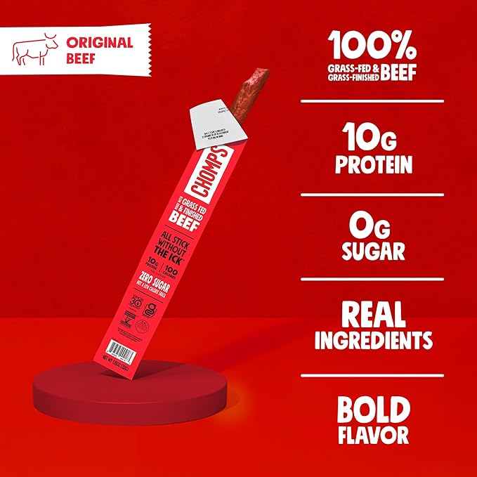 Chomps Grass-Fed and Finished Original Beef Jerky Snack Sticks 24-Pack, Keto, Paleo, Whole30, 10g Protein, Gluten-Free