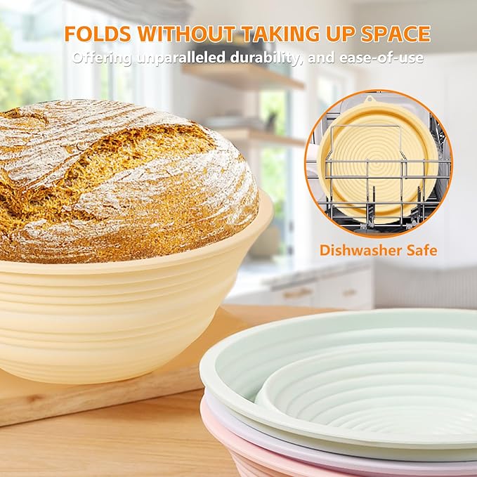 Silicone Banneton Bread Proofing Baskets, Sourdough Bread Baking Supplies, 9 Inch Round Foldable Baking Basket, Complete Set for Bread Making With Essential Tools and Gifts Green