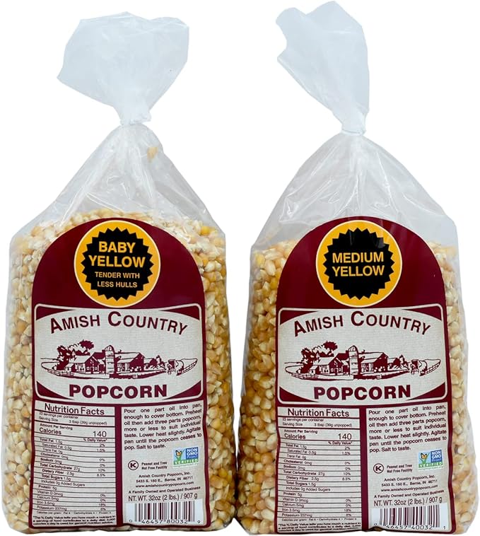 Amish Country Popcorn | 2 Lb Baby Yellow & 2 Lb Medium Yellow Kernels | Old Fashioned, Non-GMO and Gluten Free