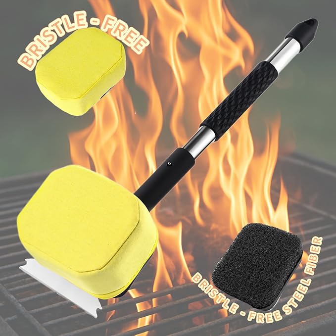 Grill Brush Bristle Free Grill Brush with 2 Replaceable Heat-Resistant Heads & Steel Scraper ??BBQ Cleaner Brush for Cast Iron/Stainless Grates, Safe Steam-Powered Outdoor Grill Tool