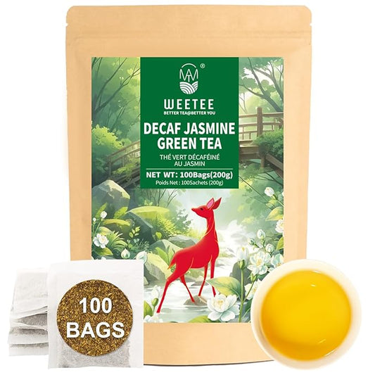 WT WEETEE Decaf Jasmine Green Tea Bags 100 Count, CO2 Decaffeinated Green Tea Infused with Jasmine Aroma | Resealable Kraft Bag | Brew Hot or Iced