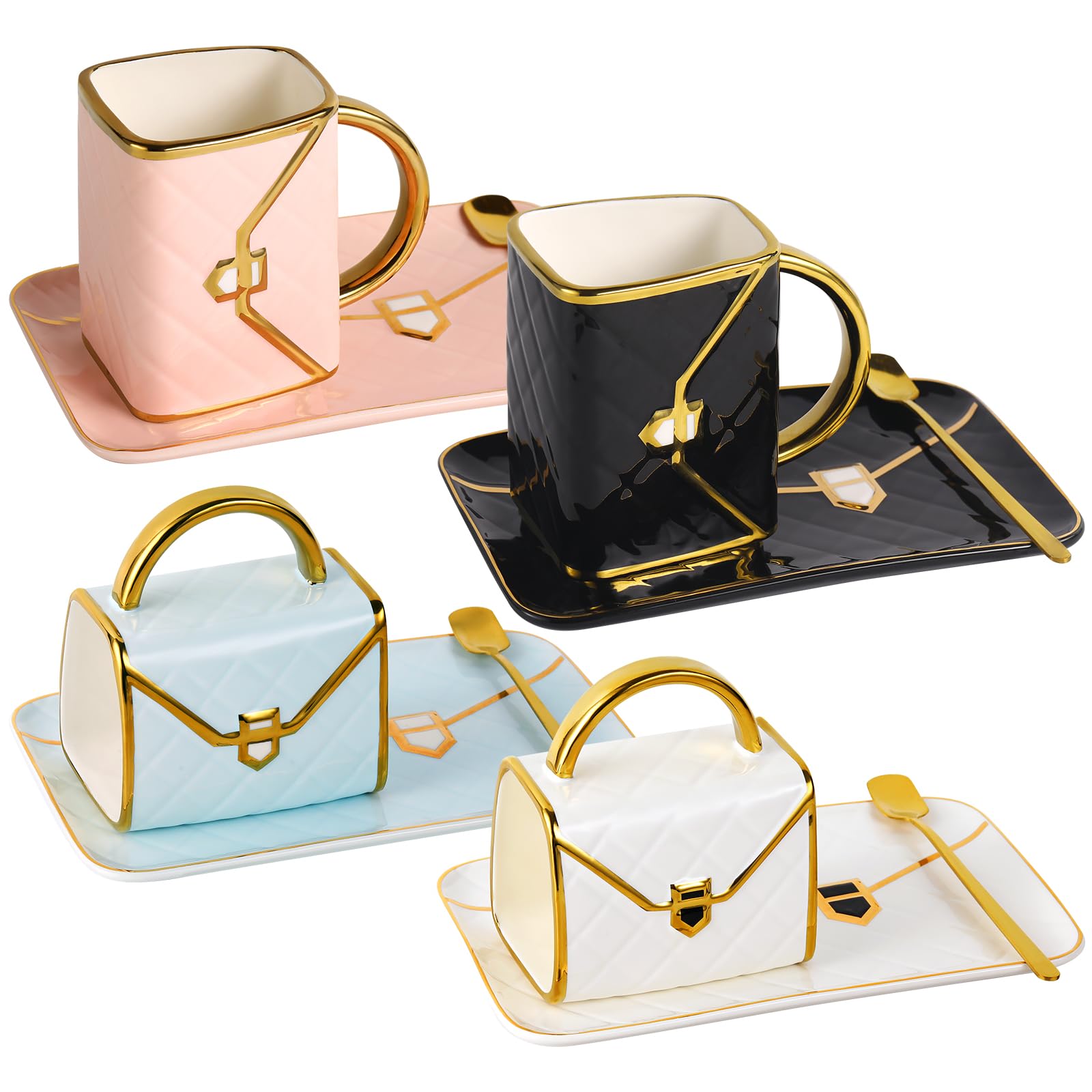 Fovima Handbag Coffee Mug Set,Four 10 oz Ceramic Cups with Saucers & Spoons