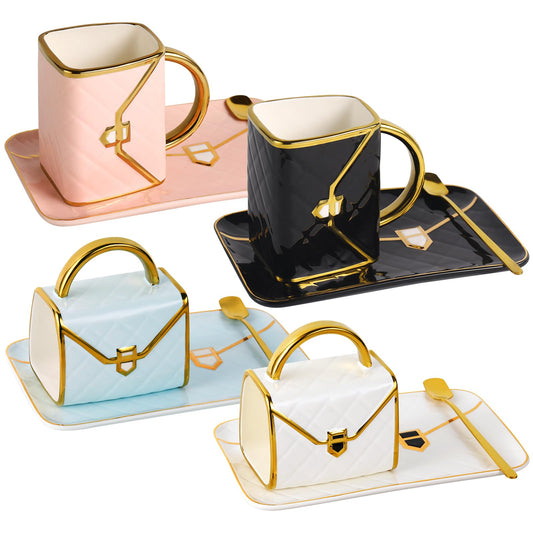 Fovima Handbag Coffee Mug Set,Four 10 oz Ceramic Cups with Saucers & Spoons