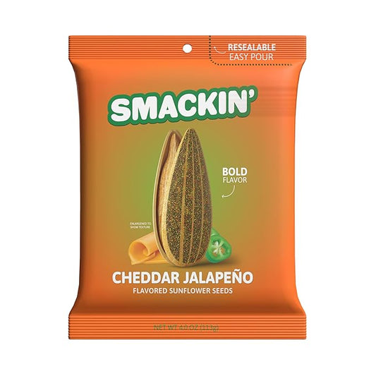 SMACKIN' - Jumbo Roasted Sunflower Seeds, No Salty Burn, American Made, Easy Pour & Seal - Cheddar Jalapeño, 4oz bag (12 Bags)