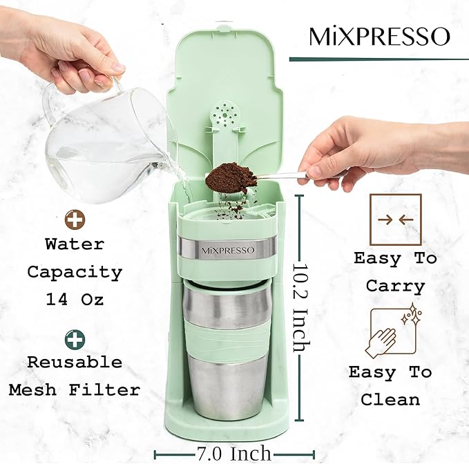 Mixpresso Green Personal Single Serve Coffee Maker with 14oz Travel Mug, Drip Small Coffee Maker with Auto Shut Off, Reusable Filter, Works with Ground Coffee Only ??Not for K-Cup Pods