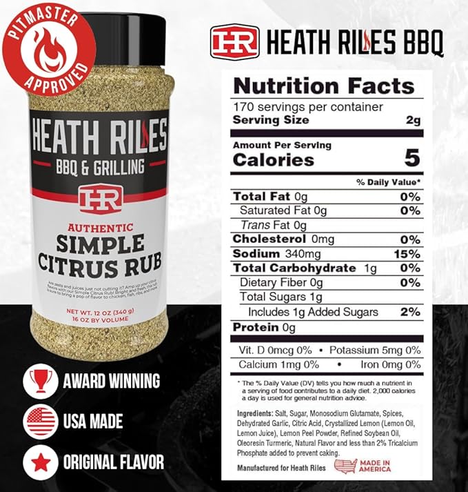 Heath Riles BBQ Rub - Simple Citrus Seasoning, Champion Pitmaster Recipe, Legendary Rubs For Smoking & Grilling, 70+ BBQ Championships, 2 lb./32 oz.