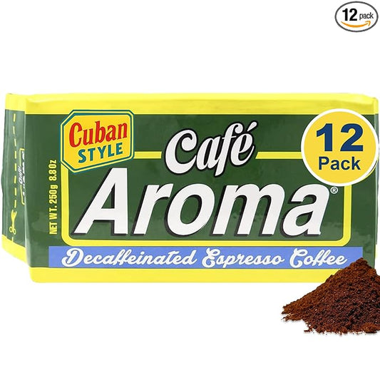 Café Aroma Decaf Dark Roast Espresso Ground Coffee, Authentic Cuban Style Coffee, Vacuum Sealed, 8.8oz, Perfect for Hot and Iced Coffee, 12-Pack