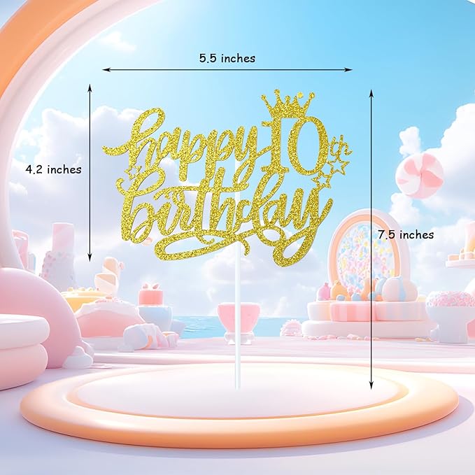 10th Happy Birthday Cake Topper, Glitter Happy 10th Birthday Cake Topper for Birthday Party Cake Decoration(Gold)