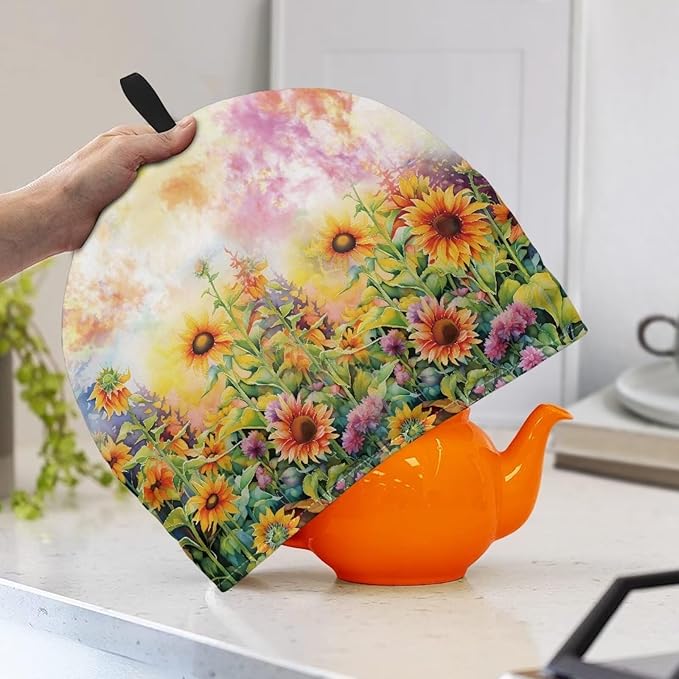 Watercolor Sunflower Print Teapot Cover Insulated Tea Kettle Cosy Dustproof Insulated Kettle Cover Breakfast Pot Cotton Filling for Home Kitchen Table Decorative Accessories