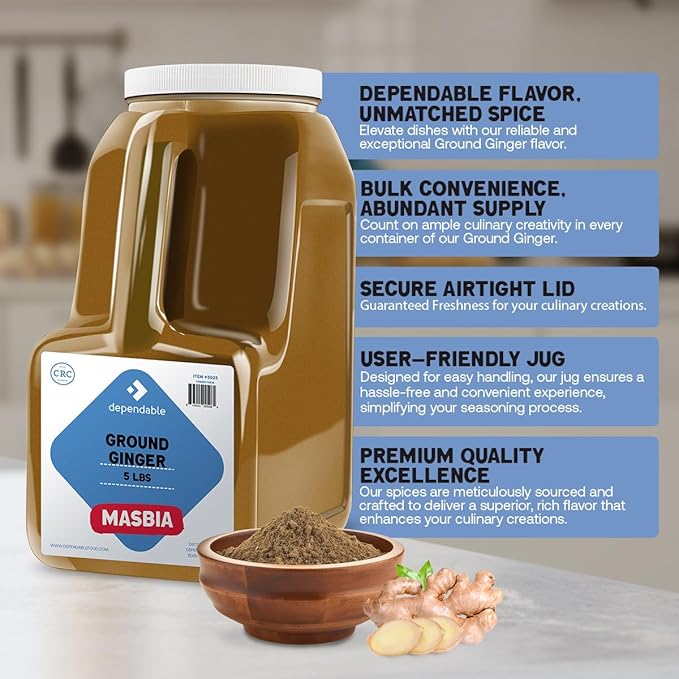 Dependable Foods Ground Ginger Spice – 5 Lb. Bulk Jar - Non-GMO, Kosher, Salt-Free, Allergen-Free| Zesty Spice Delight