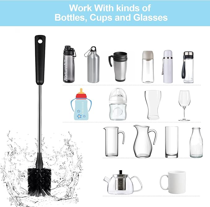[4 Pack] Water Bottle Brush & Straw Cleaner Set,Stainless Steel Long Handle Baby Bottle Scrub Cleaning Brush for Sports Bottles, Cups, Dishes, Coffee Mugs, Glasswares, Tumblers, Wine Decanters