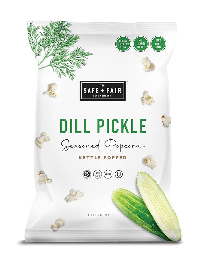Safe + Fair Plant Based Gourmet Dill Pickle Seasoned Popcorn -Dill Pickle Seasoned Popcorn Non-GMO + Gluten Free + Vegan + Kosher Snacks (3 oz bag)