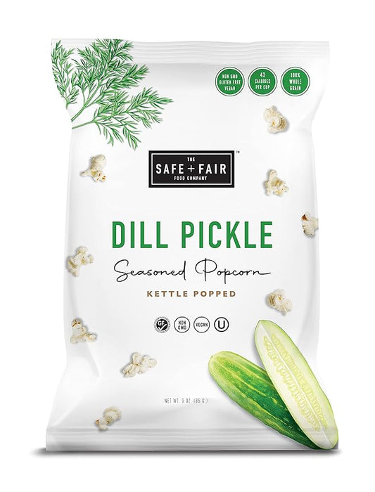 Safe + Fair Plant Based Gourmet Dill Pickle Seasoned Popcorn -Dill Pickle Seasoned Popcorn Non-GMO + Gluten Free + Vegan + Kosher Snacks (3 oz bag)