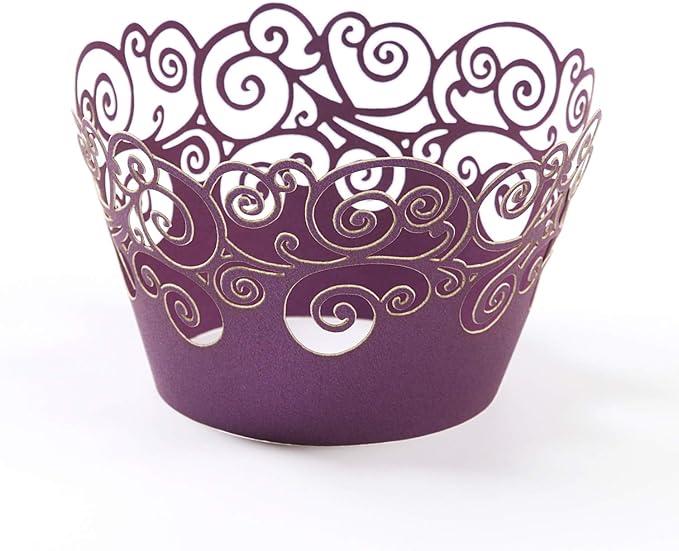 Cupcake Wrappers, KPOSIYA 100 Pack Cupcake Wraps Filigree Artistic Bake Cake Paper Cup Little Vine Laser Cut Liner Baking Cups Muffin Case Trays for Wedding Party Birthday Decoration (100, Purple)