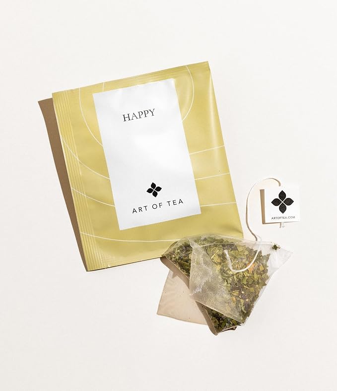 Art of Tea | Organic Happy Tea | 12 Eco Friendly Pyramid Tea Bags Sachet | Naturally Caffeinated Mighty Aroma