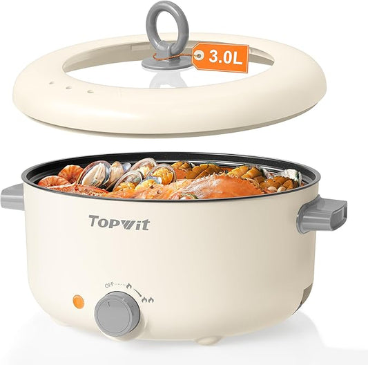 TOPWIT Electric Pot, 3L Hot Pot Electric, Rapid Noodles Cooker, Non-Stick Frying Pan, Multifunctional Electric Hot Pot for Steak, Egg, Ramen, Soup, Shabu Shabu Pot for Camping, RVs, Party, Yellow