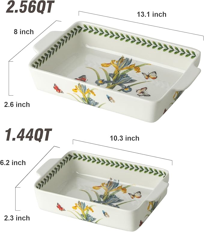Ceramic Baking Casserole Dish with Handles, Large 8x13 inch & 6x10 inch Pan and Middle Baking Pan - Porcelain Serving Bakeware Set (Iris)