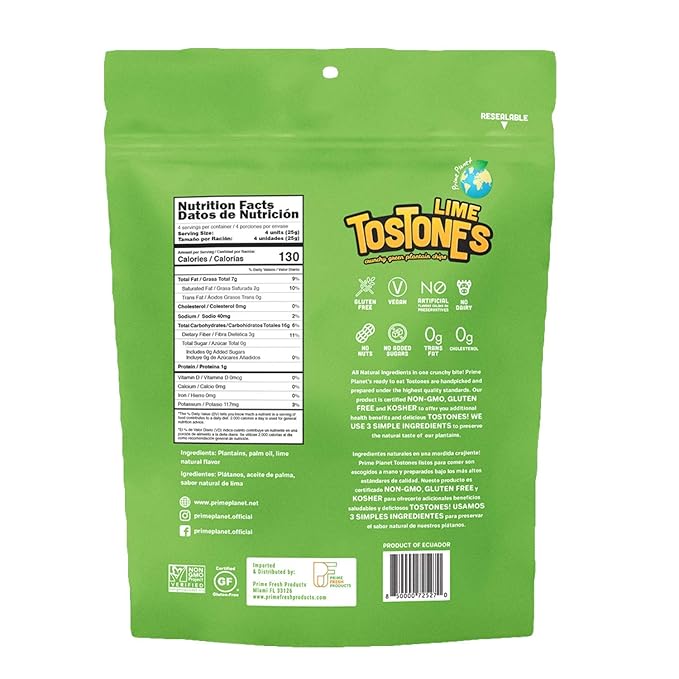 TOSTONES, Green Plantains, Re-Sealable Bag, Crunchy chips, Plantains, Palm Oil and Salt, 3.53 Oz per Unit, LIME Flavored, 3 Pack,