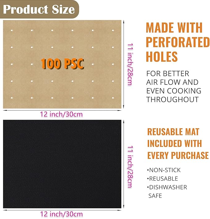 WMKGG 100 PCS Air Fryer Oven Liners, 12 x 11 inch Perforated Rectangular Parchment Paper Disposable Liners for Ninja Foodi, XL Air Fryer, Cuisinart, Breville Toaster Oven