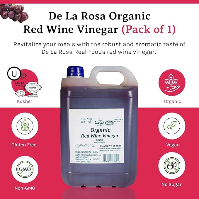 De La Rosa Organic Red Wine Vinegar, Filtered, Kosher for Passover, Vegan, Non-GMO & Gluten Free, Great for Salad Dressings, Marinades & More, Organic Red Wine Vinegar, 5 Liter (Pack of 1)