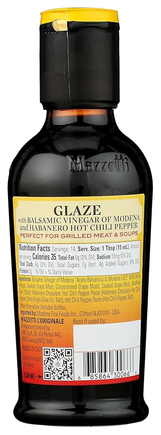 Mazzetti Habanero Balsamic Vinegar Glaze of Modena PGI | Thick & Rich | Perfect for Soups, Platters, & Meat | 7.3 Ounce Bottle (Pack of 1)