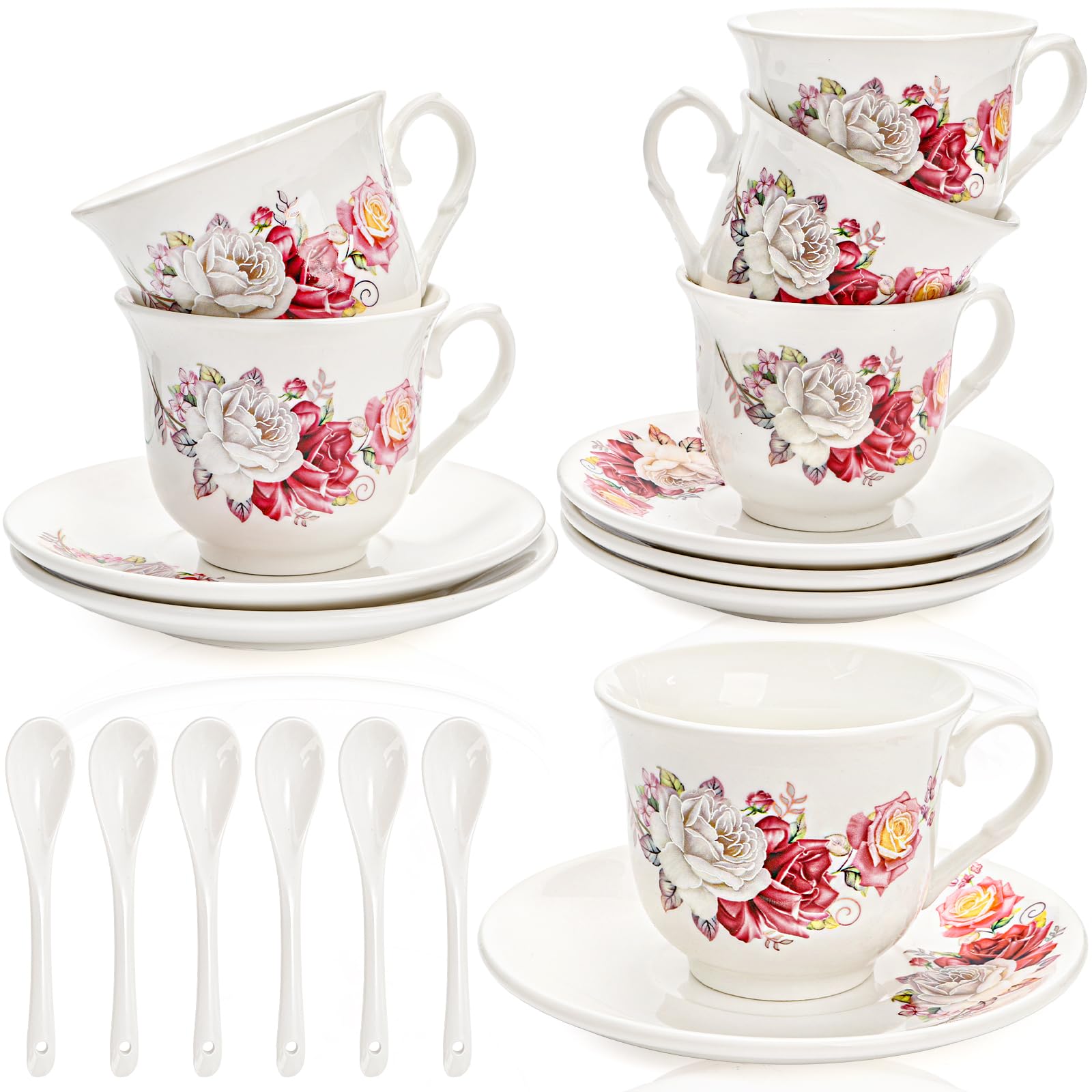 WRINGKIT Tea Cups and Saucers Set of 6, 6 Oz Porcelain Teacup with Spoon