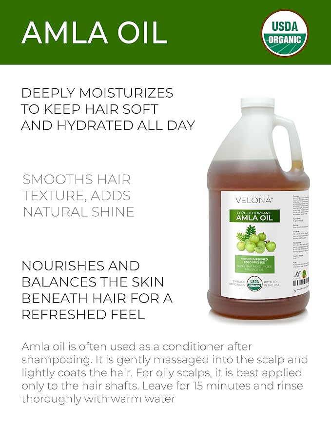 velona Amla Oil USDA Certified Organic - 1 Gallon / 128 Fl Oz | 100% Pure and Natural Carrier Oil | Extra Virgin, Unrefined, Cold Pressed