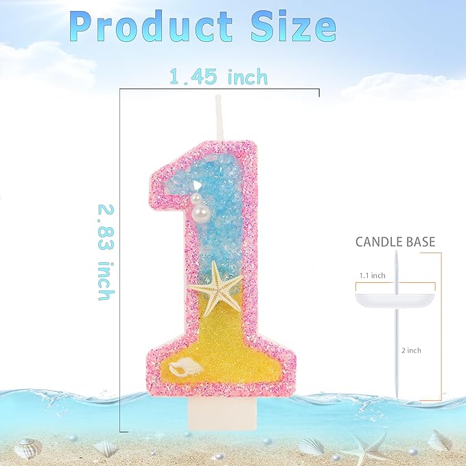 1st Birthday Candle for Cake, Pink Beach Starfish Sequins Number Cake Candles, 2.76 inch Pink Cake Topper Decoration for Birthday Party (Number 1)