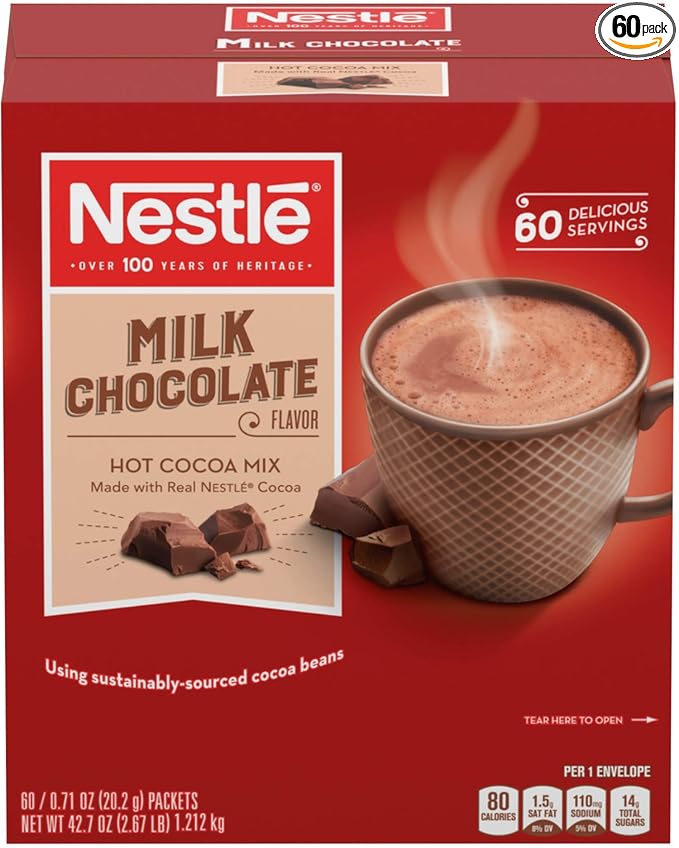 Nestle Hot Chocolate Packets, Milk Chocolate Flavor Hot Cocoa Mix, Made with Real Cocoa, Bulk Pack, 0.71 oz Packet (60 Count)