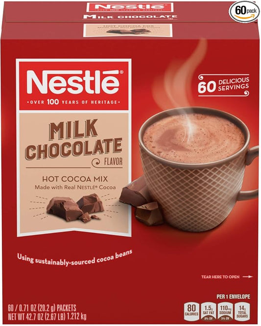 Nestle Hot Chocolate Packets, Milk Chocolate Flavor Hot Cocoa Mix, Made with Real Cocoa, Bulk Pack, 0.71 oz Packet (60 Count)