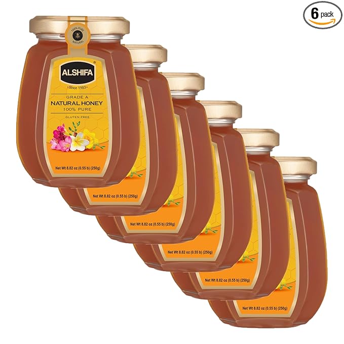 ALSHIFA Natural Honey 8.81oz (250g) | Pack of 6 | Raw & Pure Honey Unpasteurized | 100% Pure Wildflower Honey | No Added Sugar | Glass Bottle
