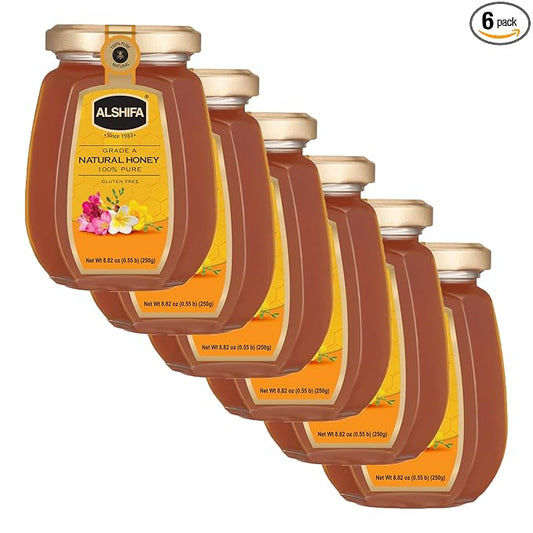 ALSHIFA Natural Honey 8.81oz (250g) | Pack of 6 | Raw & Pure Honey Unpasteurized | 100% Pure Wildflower Honey | No Added Sugar | Glass Bottle