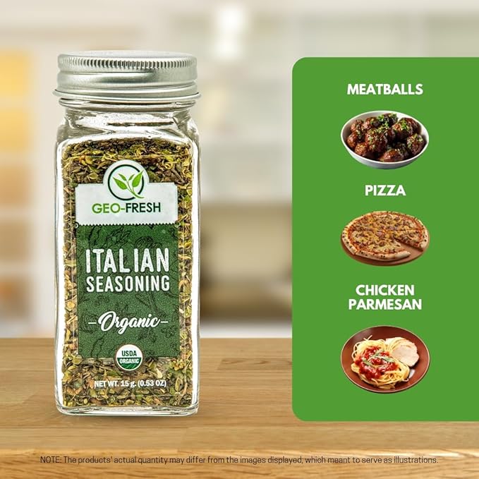 Geo-Fresh Organic Italian Seasoning, 0.53 oz (15g), Non-GMO, Kosher, 100% Organic Herbs, Basil, Oregano, Parsley, Thyme, USDA Certified