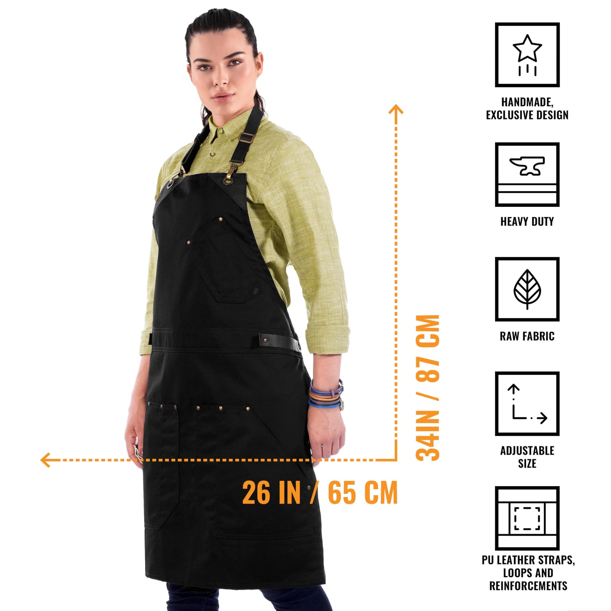 Under NY Sky Barista Apron, Detachable Leather Straps, Riveted - Black