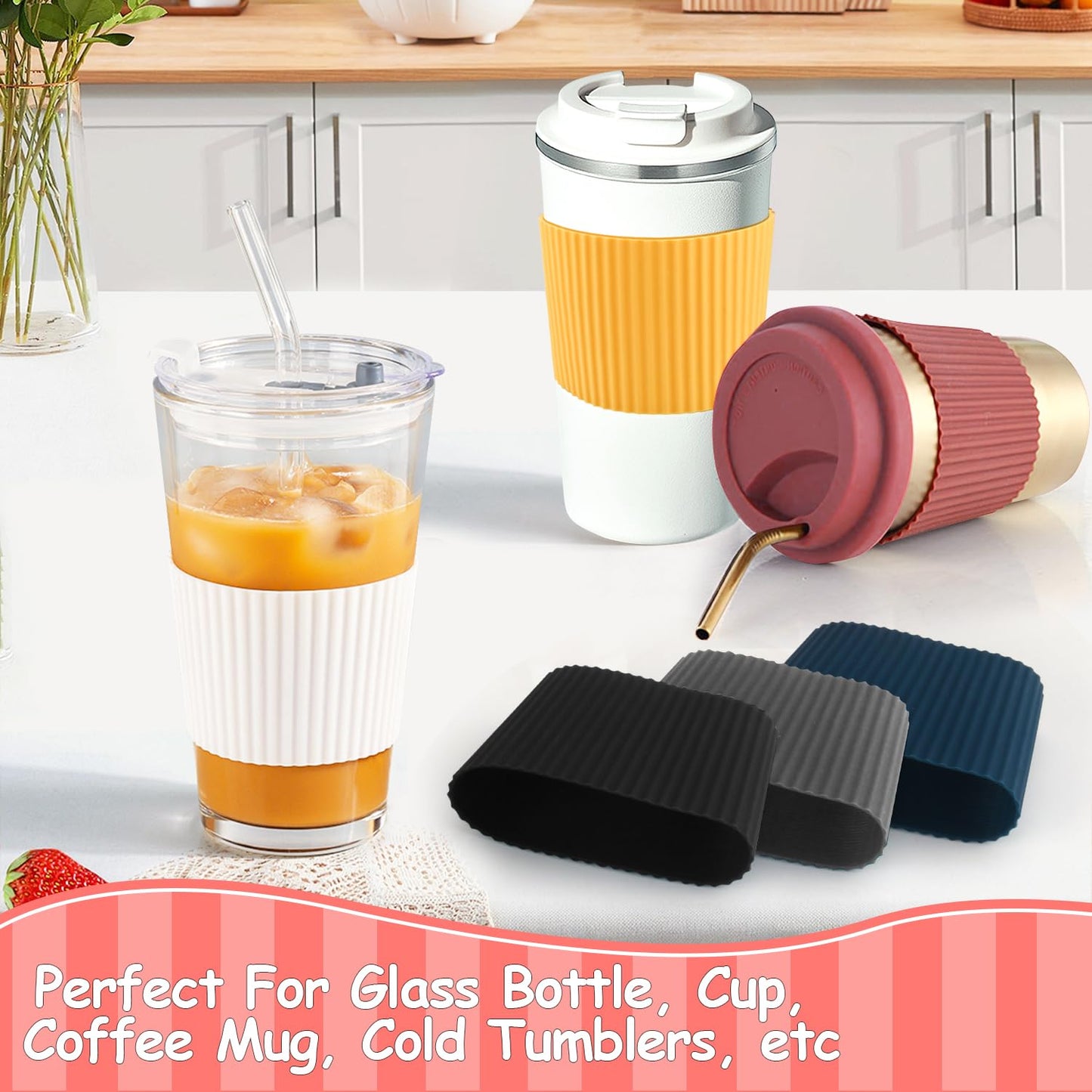 6 Pack Silicone Cup Sleeve Heat Resistant Coffee Cup Protective Sleeve Nonslip Glass Bottle Mug